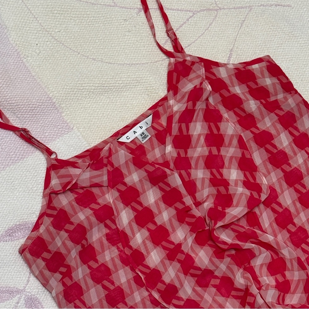 CAbi Amour Cami Lipstick Pink Ivory Ruffle Check Front Tank Top V-neck - Picture 5 of 6